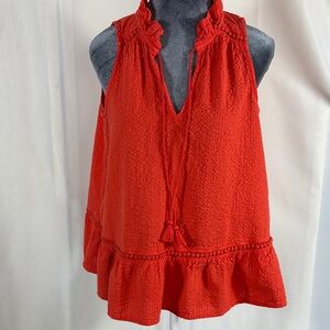 crown & ivy Orange Ruffle Tie-Neck Sleeveless Tunic